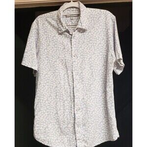 Men’s pd&ec White & Blue Floral Linen-Blend Short Sleeve Summer Shirt L PO Good